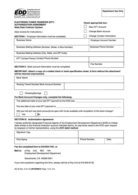 Fillable Form De 26 Electronic Funds Transfer Eft Authorization