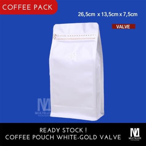 Jual STANDING POUCH FLAT KOPI PUTIH GOLD ZIPPER WITH VALVE PREMIUM FLAT