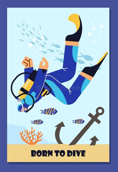 Poster Or Vertical Banner With Scuba Diver Swimming Underwater Flat