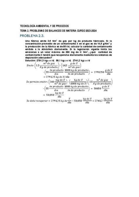 Problema 3 Tema 2 Resuelto Curso 2023 2024 TecnologÍa Ambiental Y De