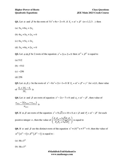 Higher Power Of Roots Quadratic Equations Class Question Jee Main 2023 Crash Course Pdf