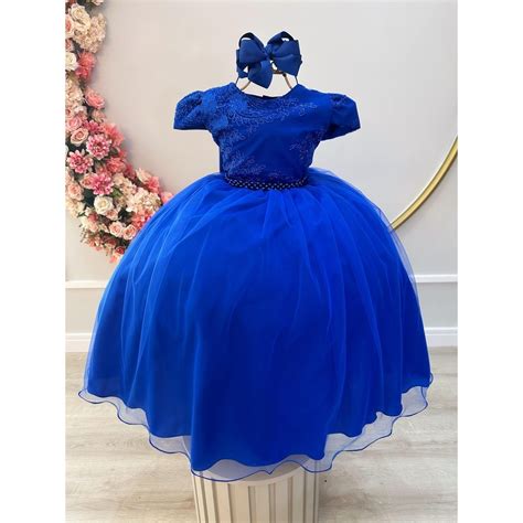 Vestido Infantil Longo Azul Royal Daminhas De Honra Luxo C Renda