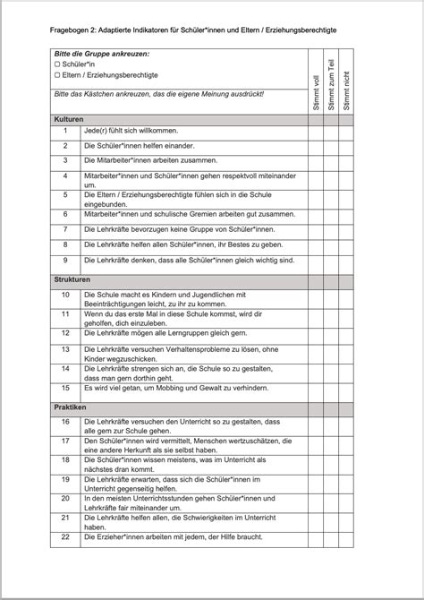 Fragebogen Index für Inklusion Index für Inklusion