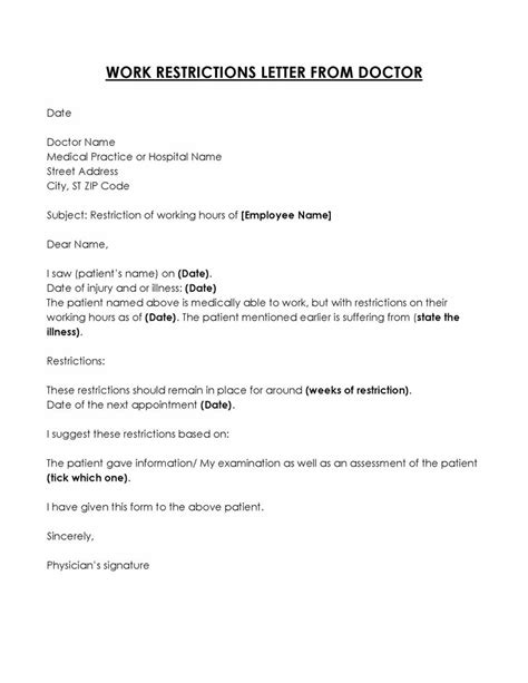 Light Duty Work Restrictions Letter From Doctor Sample