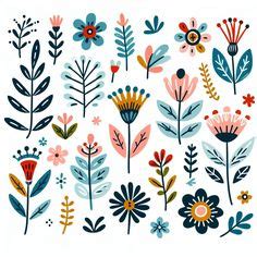 Simple Folk Style Illustration Clorful Flowers Leaves And Shapes On