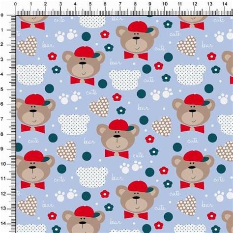 Tecido Tricoline Estampado Urso De Bon Fundo Azul Claro Avimor Tecidos