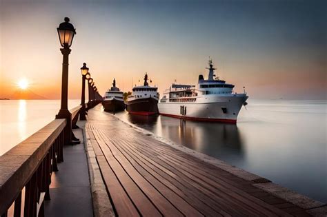 Premium Ai Image A Boat Is Docked At A Pier With A Sunset In The