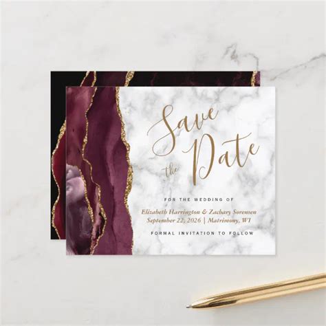 Budget Burgundy Gold Agate Marble Save The Date Zazzle