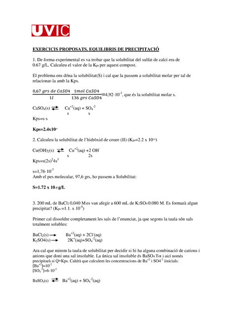 Exercicis Precipitació Resolts Exercicis Proposats Equilibris De