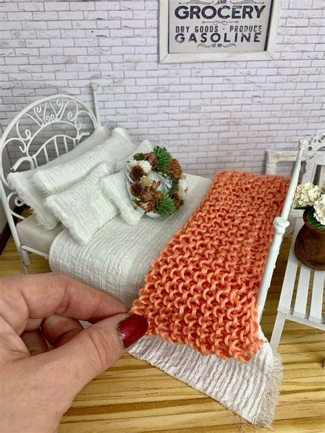 Miniature Dollhouse Coral Knit Blanket Throw Or Bed Runner Dollhouse