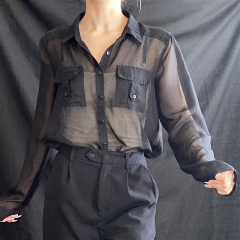 Black Sheer Button Down Blouse By Passport Like Depop