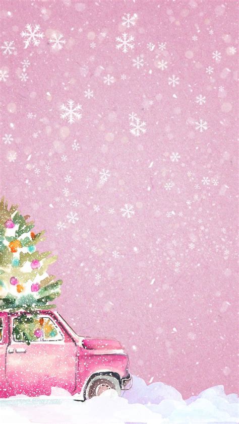 A Pink Car With A Christmas Tree On The Roof And Snow Flakes All Around