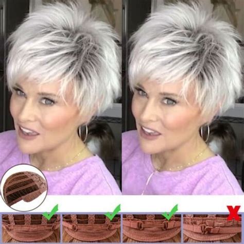 Short Straight Pixie Cut Wig With Bang Hair Dark Root Silver Grey Wig