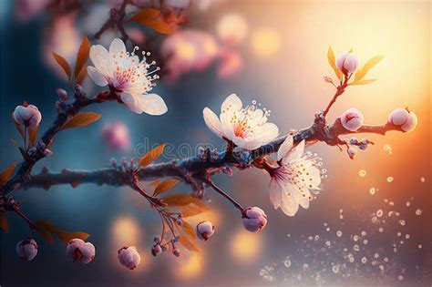 Beautiful Cherry Flowers With Water Drops Close Up Stock Illustration