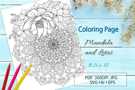 Coloring Page Lotus Flowers And Mandala Graphic By Galinart Creative