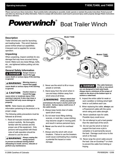 Powerwinch T1650 Operating Instructions Manual Pdf Download Manualslib