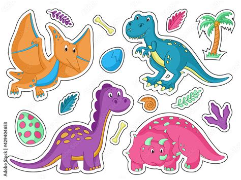 Vetor De Cute Cartoon Set Of Dinosaur Stickers Vector Illustration