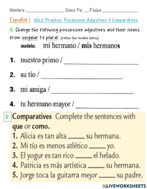 Possessive Adjectives Comparatives Worksheet Live Worksheets