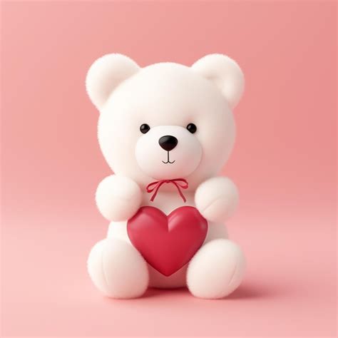 White Teddy Bear Holding Heart Valentines Day Concept Premium AI