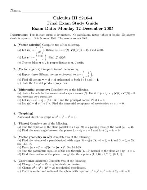 Calculus Iii Final Exam Study Guide Name