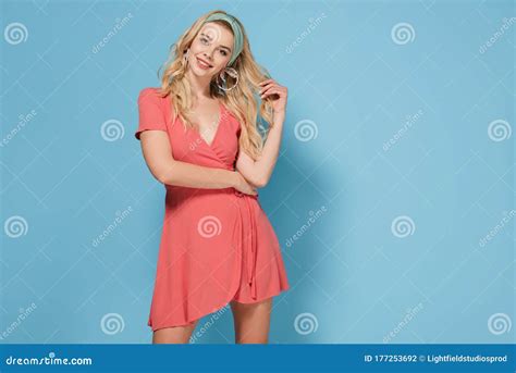 Attractive And Blonde Woman In Elegant Dress Smiling And Stock Photo Image Of Smiling Clothes