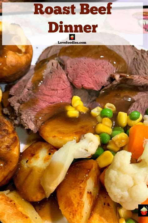 Roast Beef Dinner with cook times for rare, medium and well done.