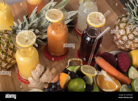 Fresh Fruit And Vegetables With Freshly Squeezed Juices Stock Photo Alamy