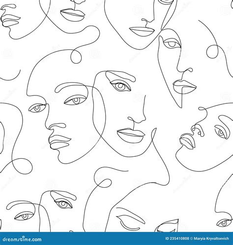 Vector Seamless Pattern Continuous Line Art With Woman Faces Linear