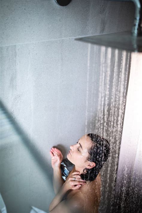 Woman Taking A Long Hot Shower Washing Her Hair Stock Photo Image Of Female Bathroom
