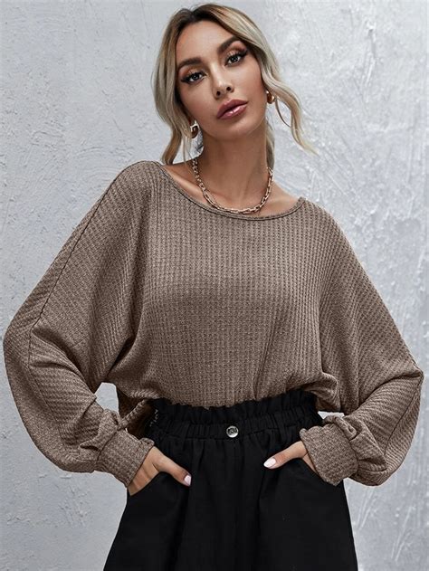 Dolman Sleeve Waffle Knit Top Shein Usa Overlap Top Waffle Toppings