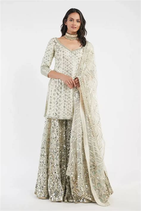 Designer Wear Designer Dresses Beige Mirrors Sharara Designs