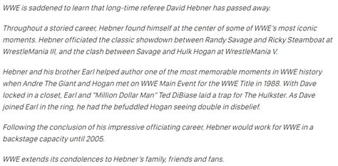 Dave Hebner, Former WWE referee passes away - The Celeb Post