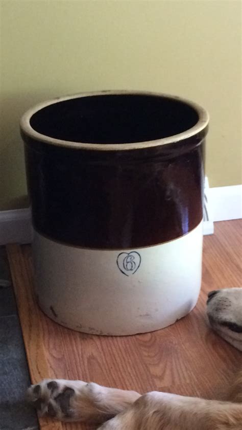 6 Gallon Two Tone Crock With A Blue Heart Antique Appraisal Instappraisal