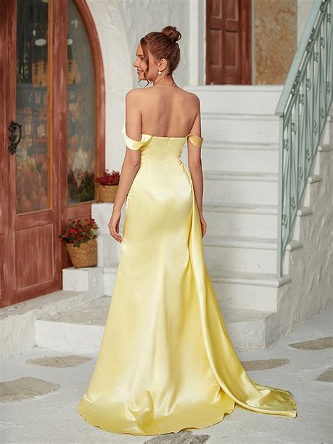 Sheath Column Satin Ruched Off The Shoulder Sleeveless Sweep Brush