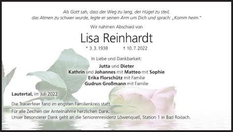 Lisa Reinhardt Traueranzeige Trauer Infranken De