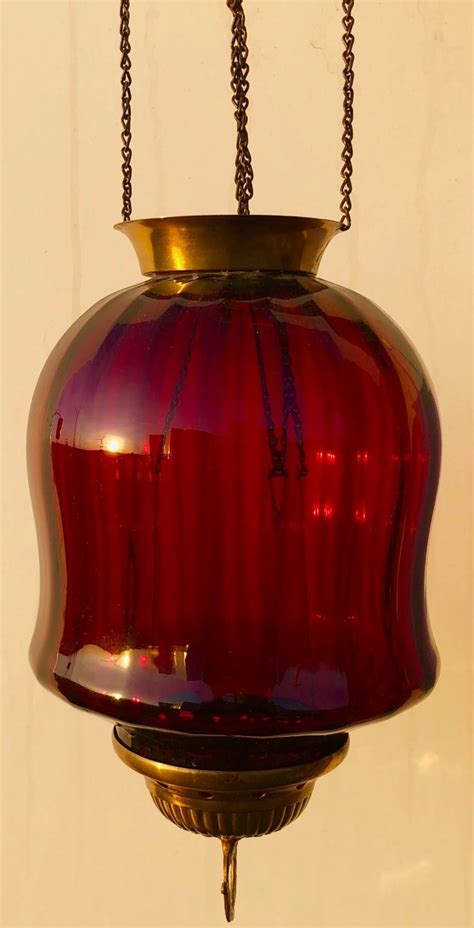 Antique Brass And Cranberry Glass Hanging Lamp