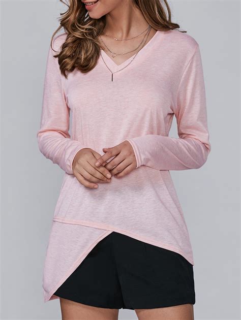 17 Off 2021 V Neck Asymmetrical T Shirt In Pink Dresslily