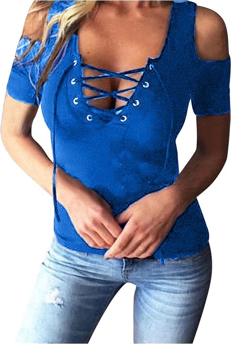 L Wei Damen Einfarbig Oberteile Kurzarm Sexy V Ausschnitt T Shirt Bluse