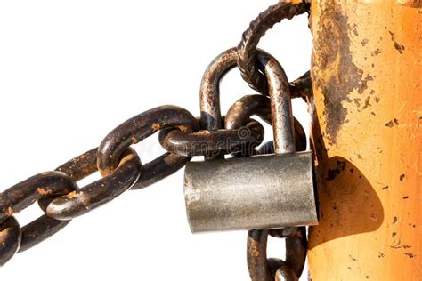 Old Rusty Padlock Shackles A Metal Chain On A White Background Stock