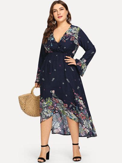 Plus Plunging Floral Print Dip Hem Dress