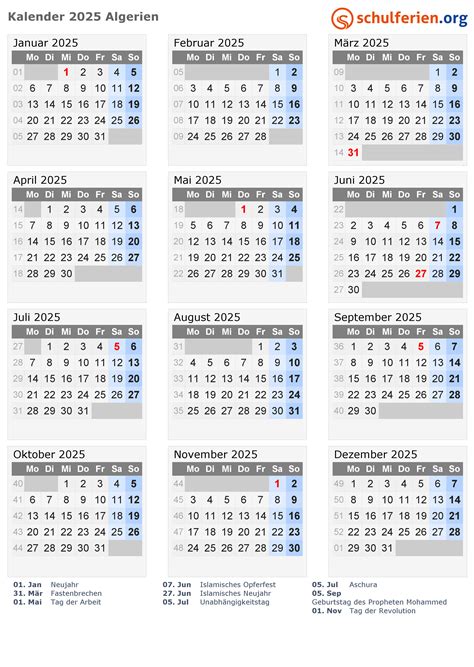 Kalender Algerien 2025 Mit Feiertage