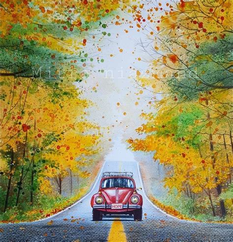 A Painting Of A Red Car Driving Down The Road In Front Of Yellow Trees