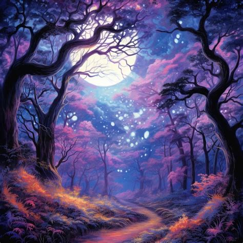 Pintura De Un Camino En Un Bosque Con Un Ai Generativo De Luna Llena