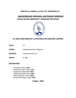 Ensayo Realidad Nacional UNIVERSIDAD PRIVADA ANTENOR ORREGO FACULTAD