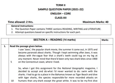 Cbse Class 12 Term 2 English Core Sample Question Papers 2021 22 Pdf