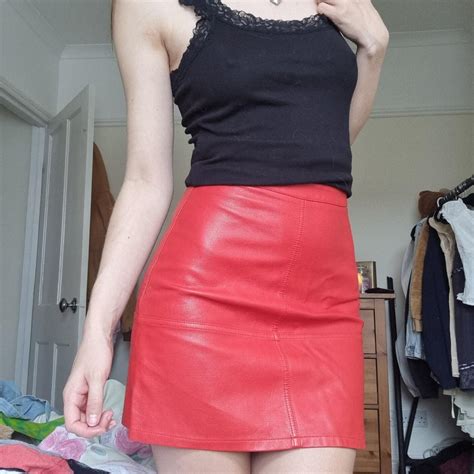 Red A Line Faux Leather Skirt Really Cute But Just Depop