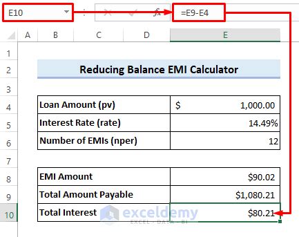 Reducing Balance Emi Calculator In Excel Sheet Create With Easy Steps