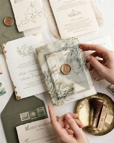 Greenery Wedding Invitations Letterpress Handmade Paper Gold Leaf