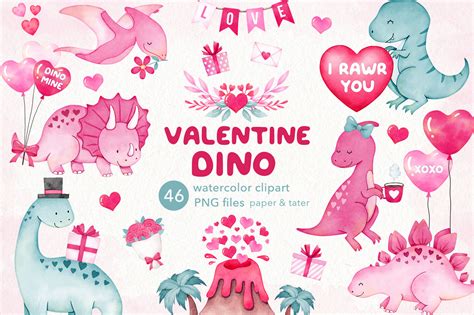 Valentines Dinosaurs Watercolor Clipart Love Dino Png By Paperandtater