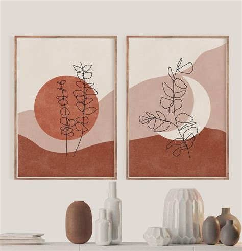 Mid Century Modern Art Terracotta Sun And Moon Print Set Of Etsy